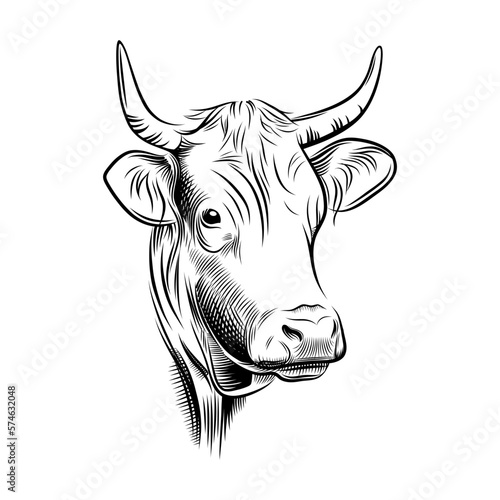 Cow head engraving. Horned cow portrait black graphic design isolated on white background. Vector illustration