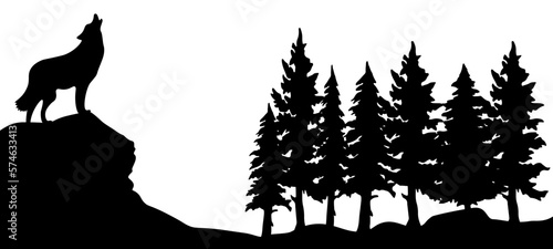 Black silhouette of wild howling wolf on rock and forest fir trees camping wildlife adventure landscape panorama illustration icon vector for logo, isolated on white background