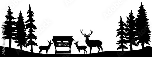 Black silhouette of wild animals, deer and roe deer at feeding station in the forest with fir and spruce trees landscape panorama illustration icon vector for logo, isolated on white background