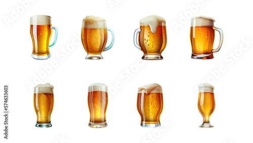 Eight different lager beer glasses and mugs. Realistic golden beer splashes in transparent glass.Glass mugs with golden light beer with overflowing foamy heads isolated on white background.