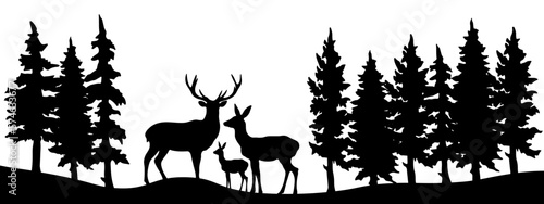 Black silhouette of wild deer family and forest fir trees camping wildlife adventure landscape panorama illustration icon vector for logo, isolated on white background
