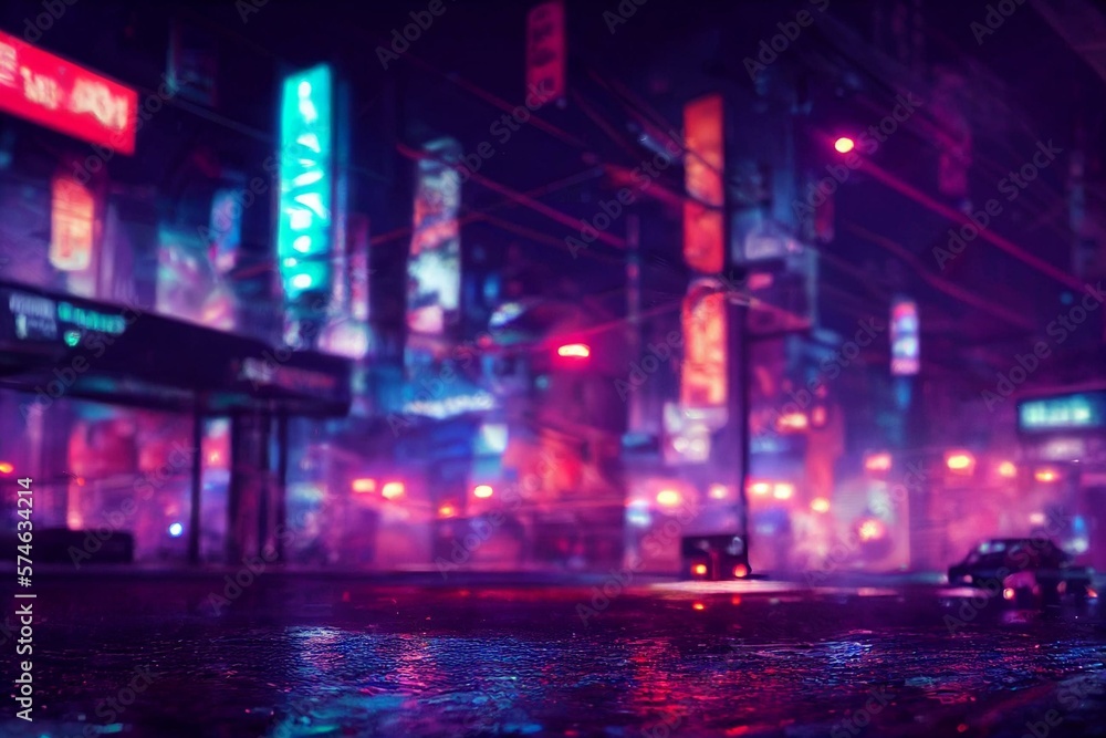 Neon lights illuminate a rainy, pitch black street at night in a ...