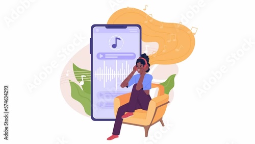 Animated listening to music online. Entertainment activity. College girl 2D cartoon flat character 4K video footage on white with alpha channel transparency. Concept animation for web design photo