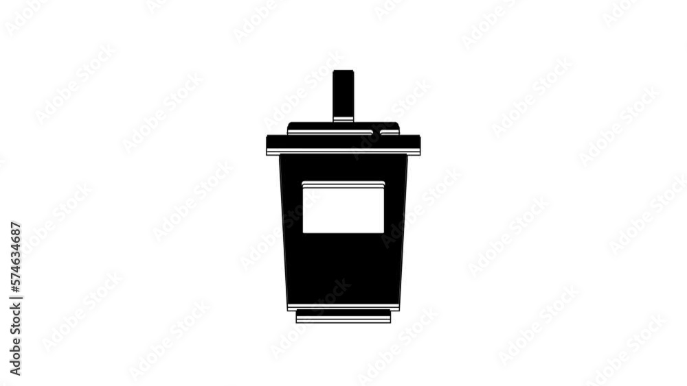 Black Paper glass with drinking straw and water icon isolated on white background. Soda drink glass. Fresh cold beverage symbol. 4K Video motion graphic animation Black Paper glass with drinking straw and water icon isolated on white background. Soda drink glass. Fresh cold beverage symbol. 4K Video motion graphic animation