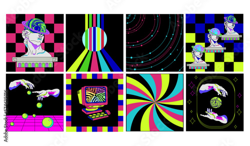 Set Of Cool Trendy Acid Rave Posters. Rave sticker in psychedelic acid trippy style. Modern posters with heads David of statues. Set of surreal psychedelic acid backgrounds. Weird 90s style