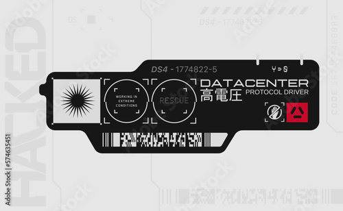 Cyberpunk decal. Vector sticker, label in futuristic style. Inscriptions and symbols, Japanese hieroglyphs for attention, high voltage.
