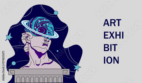 Art exhibition banner with David statue. Vector illustration of abstract background, greek sculpture.  Vector invitation flyers to museum or gallery with abstract sculpture