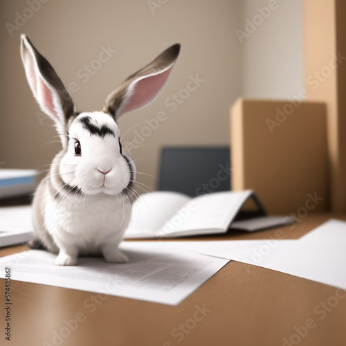 Rabbit on a table in office with papers © Srobi