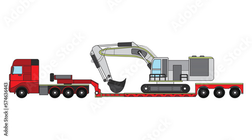 Vector illustration color children construction excavator transport low bed trailer truck clipart