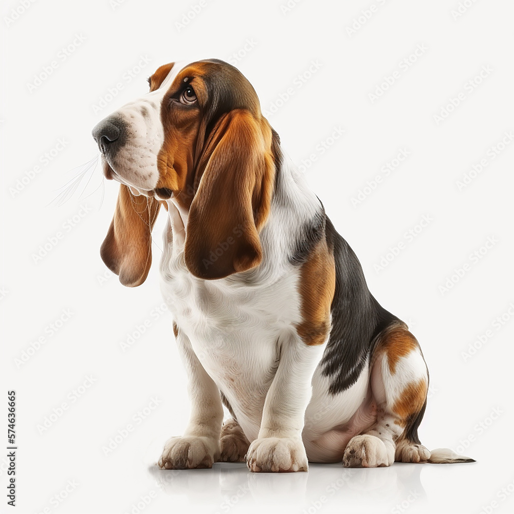 Cute nice red beige yellow dog breed basset hound isolated on white close-up, beautiful pet