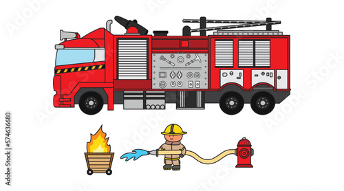 Vector illustration color children fire engine with firefighter clipart