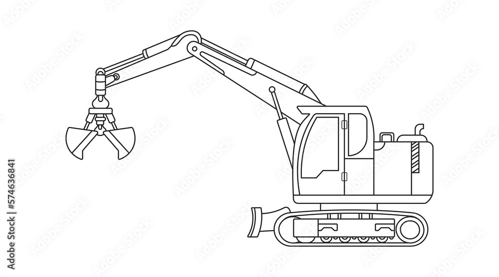 Hand drawn Vector illustration color children construction small size claw handler excavator construction machine clipart
