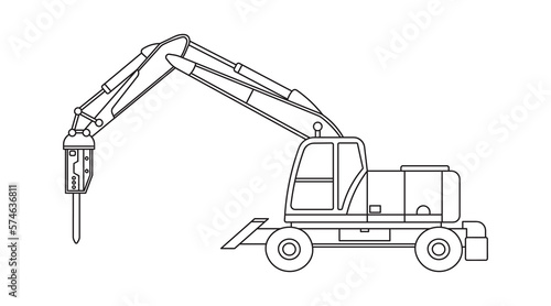 Hand drawn Vector illustration color children construction mini wheeled drill excavator construction machine clipart