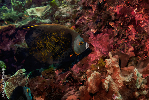 Digitally created watercolor painting of a French Angelfish swimming over a coral reef.