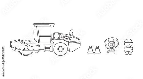 Hand drawn Vector illustration color children construction worker with road roller and cement mixer clipart