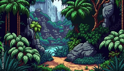 Tropical forest landscape in 2D pixel art