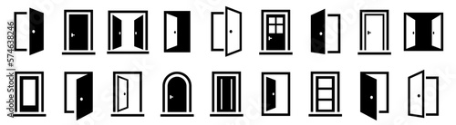 Door icon set. Open the door icon. Door front vector icon. Vector illustration