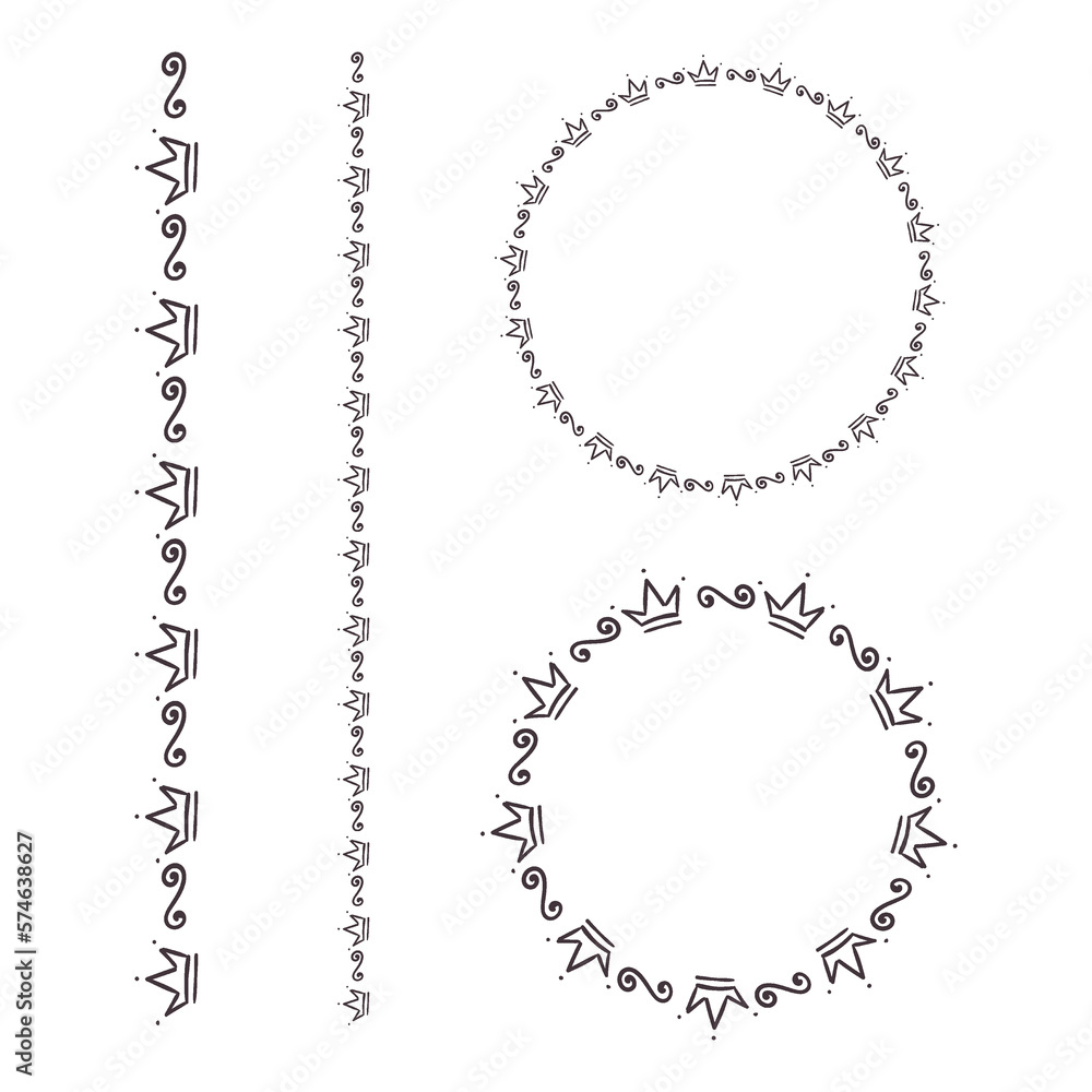 Set of hand drawn crown patterns. Line and round line borders, royal and swirl elements. Crown Wreath with ornament round frame. Dividers and circle frames vector isolated on white background. Set of hand drawn crown patterns. Line and round line borders, royal and swirl elements. Crown Wreath with ornament round frame. Dividers and circle frames vector isolated on white background.