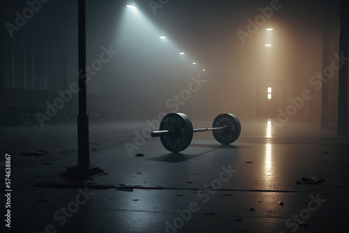 Sala de gimnasio vacío con ambiente de niebla y unas pesas en el suelo, ambiente oscuro. Generative ai. photo