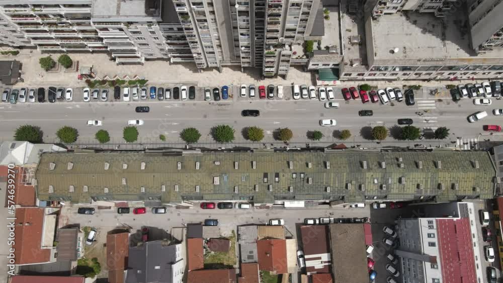 Top Down Aerial View of Main Street Traffic and Downtown Buildings in Uzice, Serbia Top Down Aerial View of Main Street Traffic and Downtown Buildings in Uzice, Serbia