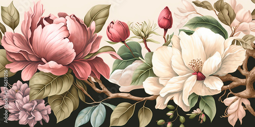 Fototapeta Naklejka Na Ścianę i Meble -  Delicate floral watercolor pattern for textiles and backgrounds, watercolor peonies flowers and green leaves, soft colors, boho style on a light background, floristic vintage, Asian. Generative AI