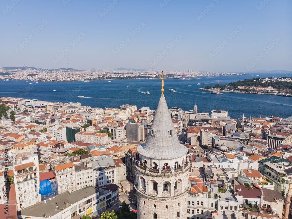 Top view of the Galata Tower in the old city of Istanbul, on a warm summer day