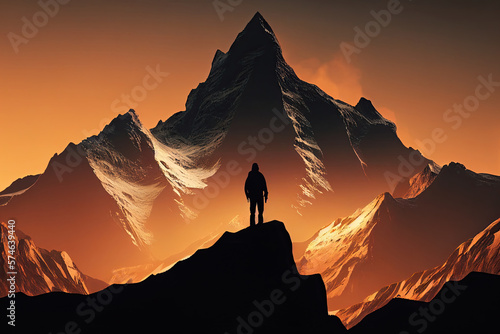 Back view of tourist standing near mountains. Traveler looking at mountains. Outdoor activities. Created with Generative AI © Lazy_Bear