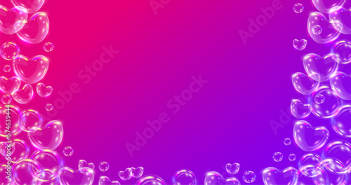 Background with realistic transparent 3d soap hearts and bubbles. Space for your text.Template for advertising, web, party, holiday, birthday, promotion, card, poster, invitation.