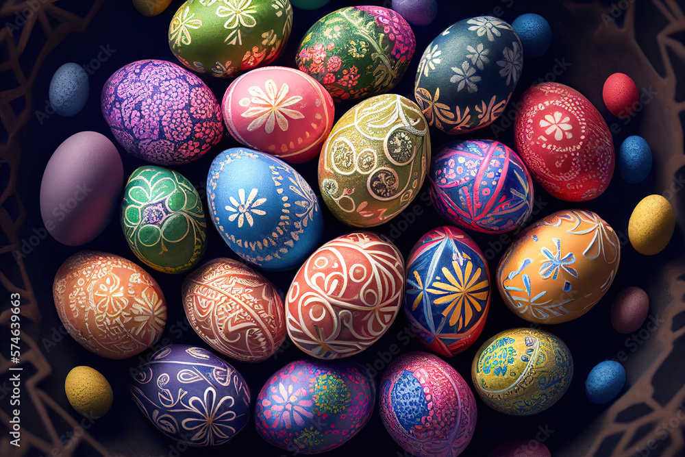 Easter colored eggs background. Generative AI Easter colored eggs background. Generative AI
