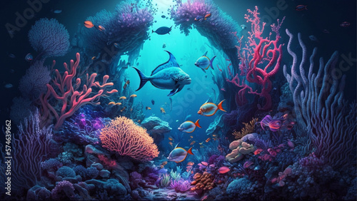 underwater ocean, dolphin, shark, coral, sea plants, stingray and turtle © Latief