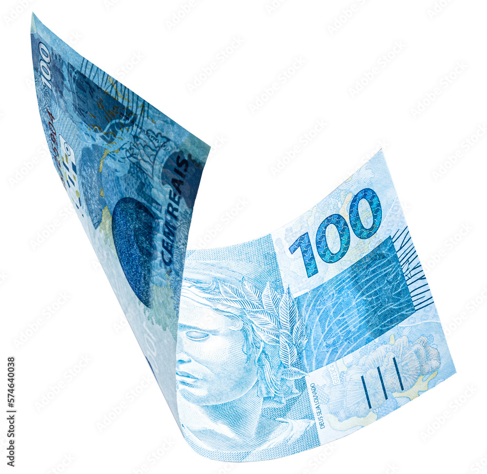 banknote of one hundred reais from brazil falling on isolated white background - obrazy, fototapety, plakaty 