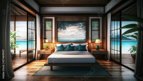 Beach bungalow bedroom interior. Holidays in a tropical island  luxury hotel resort  ocean view Generative AI