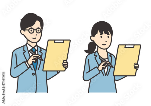 書類に記入するスーツを着た女性と男性のイラスト素材セット