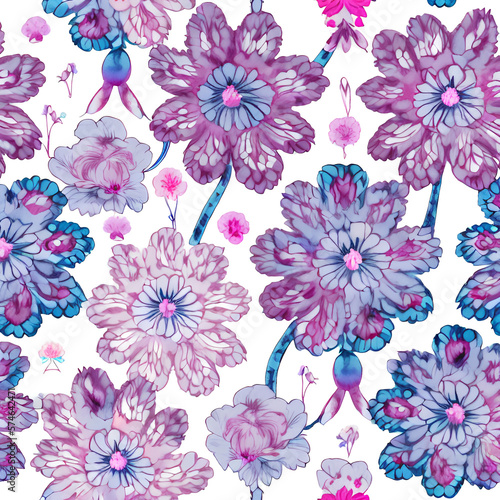 Chinoiserie Flowers In Blue, Purple, Red, Pink forming a repeating decorative pattern against a white background, created with generative AI technology
