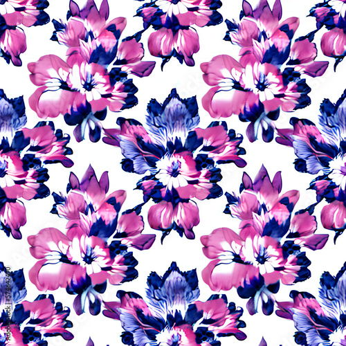 Chinoiserie Flowers In Blue, Purple, Red, Pink forming a repeating decorative pattern against a white background, created with generative AI technology