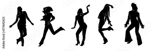 Colection of happy dancing girl vector silhouette.