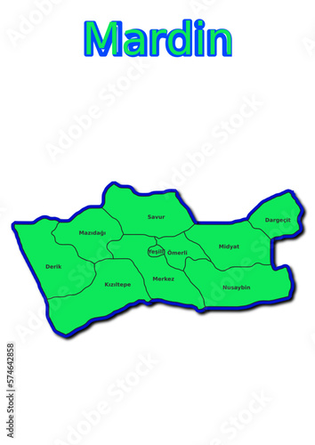 Karte des Bezirks Mardin in der Türkei mit den Namen der Gemeinden