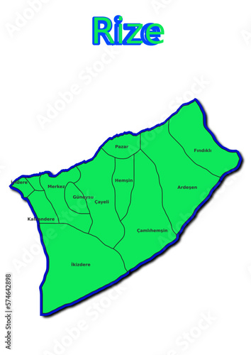 Karte des Bezirks Rize in der Türkei mit den Namen der Gemeinden
