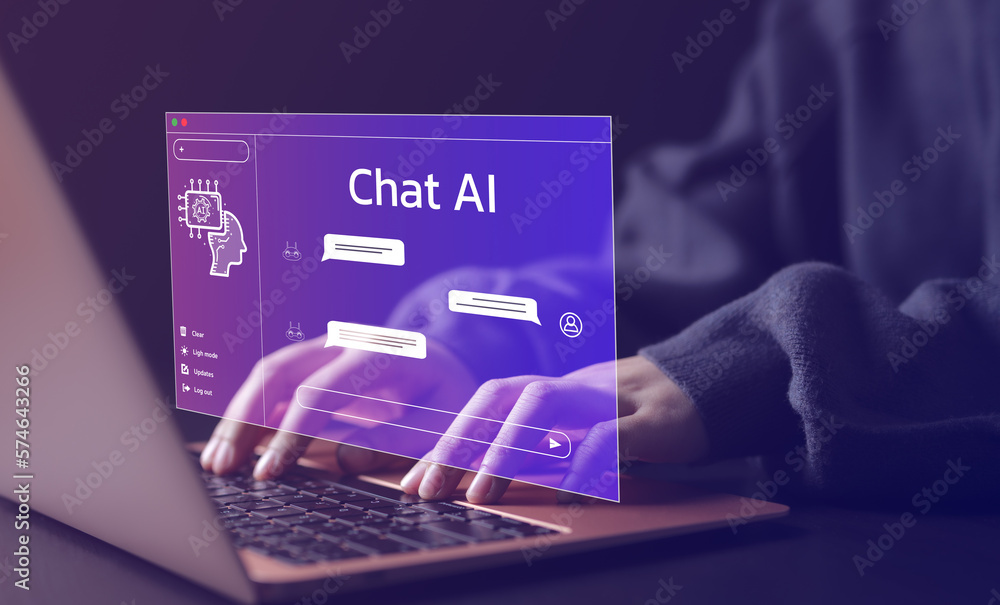 Chat Bot Chat with AI or Artificial Intelligence technology. Woman using a laptop computer chatting with an intelligent artificial intelligence asks for the answers he wants. - obrazy, fototapety, plakaty 