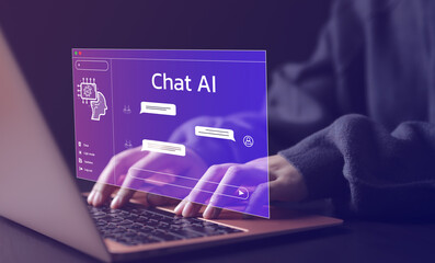 Chat Bot Chat with AI or Artificial Intelligence technology. Woman using a laptop computer chatting with an intelligent artificial intelligence asks for the answers he wants. ChatGPT,