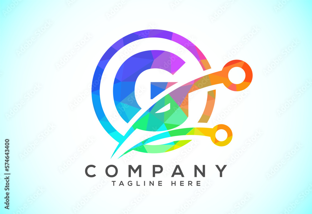 Polygonal low poly G alphabet in a circle with technology sign symbol. Technology logo design concept Polygonal low poly G alphabet in a circle with technology sign symbol. Technology logo design concept