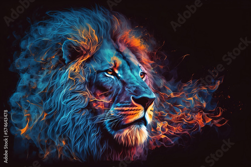 Abstract colorful vibrant fire colors lion with textured. Generative AI.