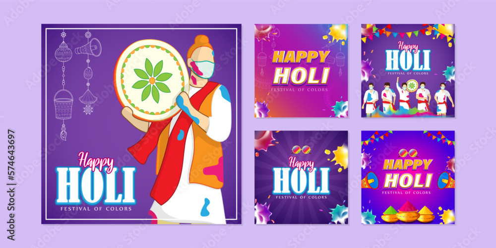 Vector illustration of Happy Holi wishes social media story feed set mockup template
