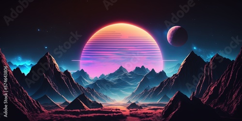 80s synthwave styled landscape with blue grid mountains and sun over arcade space planet canyon , vaporwave mountain by ai generative photo