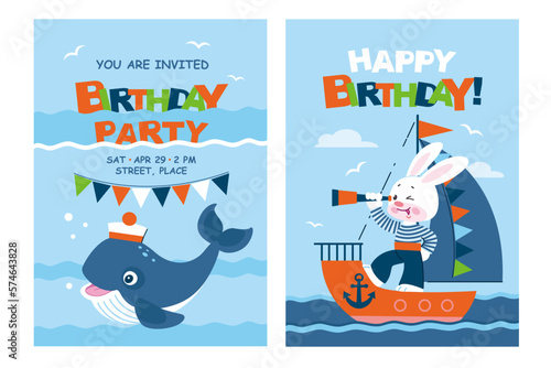 Set of happy birthday, holiday, baby shower celebration greeting and invitation card. Cute cartoon bunny sailor, whale, ship, sea. Flat vector illustration. Poster template.