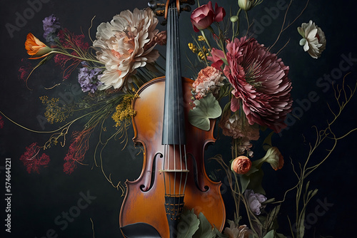 violin and flowers art at the dark background.  Generative AI.