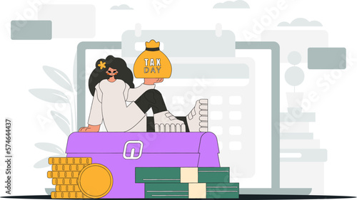 Fashionable girl rerzhit in her hand a bag with taxes. An illustration demonstrating the correct payment of taxes.
