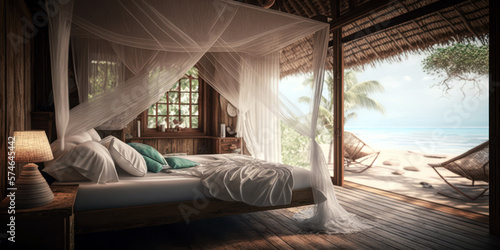 Beach bungalow bedroom interior. Holidays in a tropical island, luxury hotel resort, sea view. Generative AI