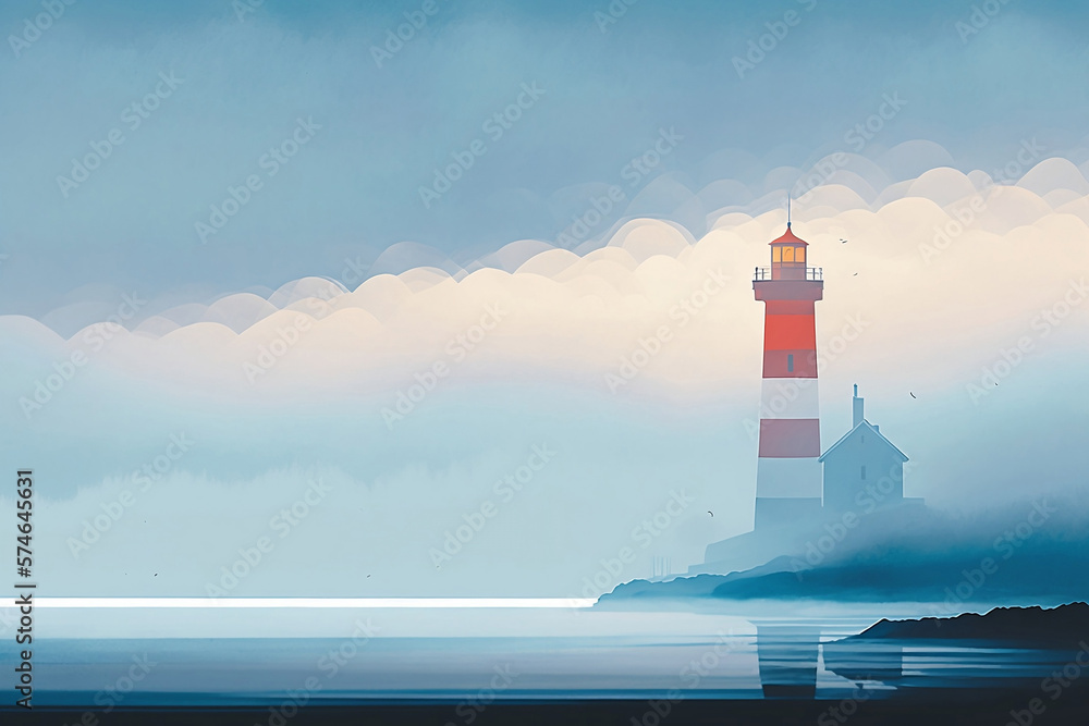 A single lighthouse at the mist environment. Lighthouse lights up for the ship. Generative AI.
