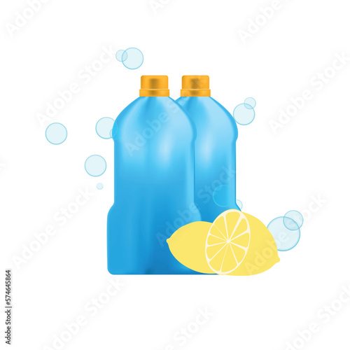 advertisement of detergent with lemon and bubbles in realistic flat style. promotion banner vector with two cut lemon soap bottle on white background